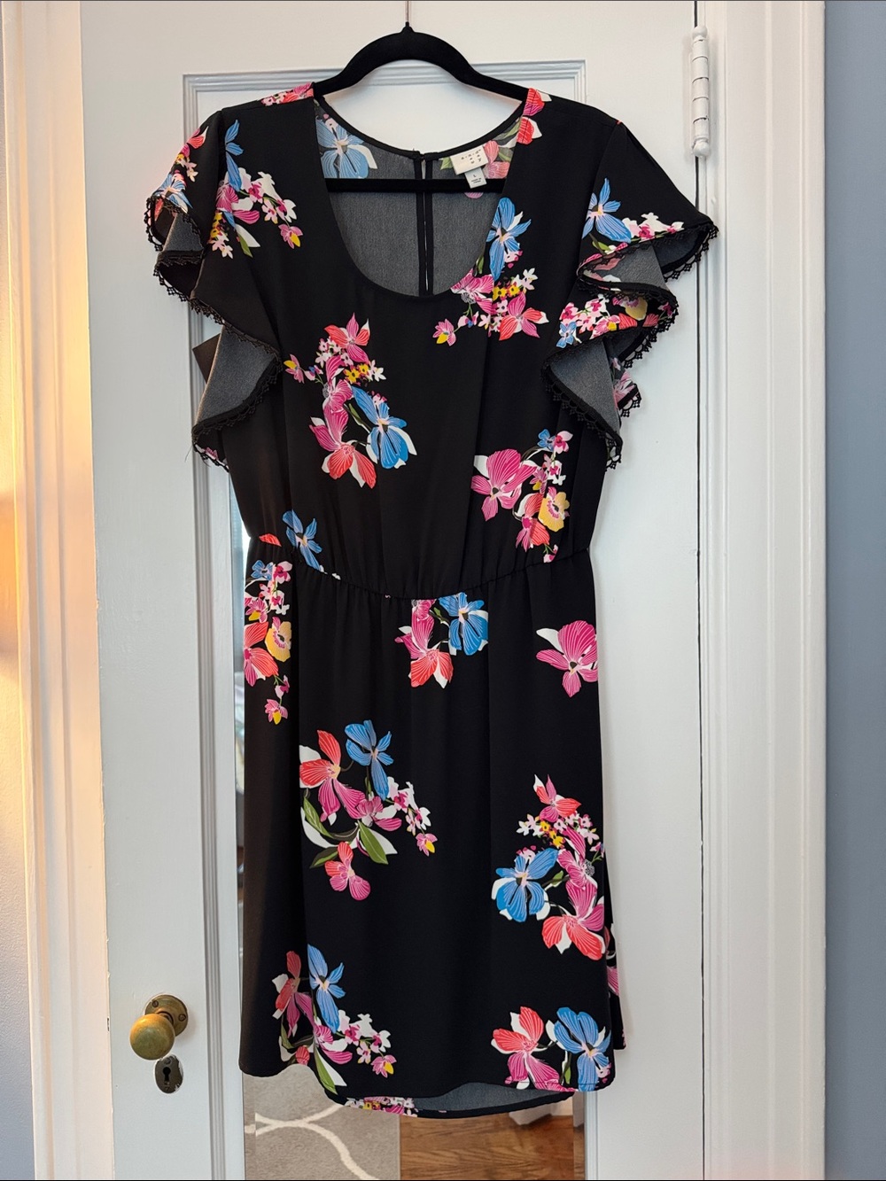 Black Floral Midi Dress with Flutter Sleeves and Pink & Blue Blooms by A New Day